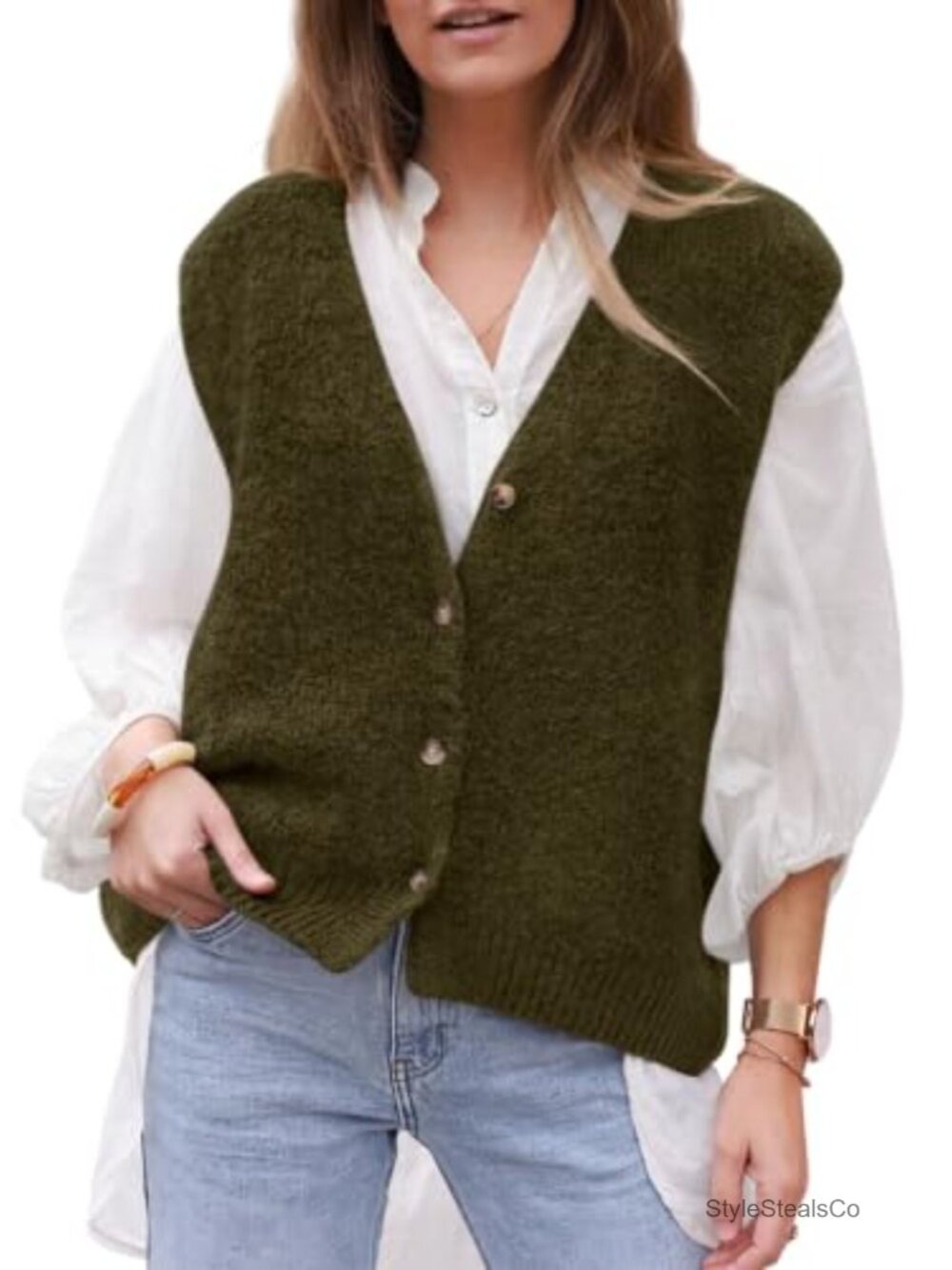 Womens Sleeveless Button Down Sweater Vest V Neck Knit Layering Top